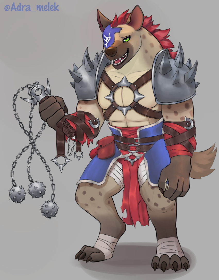 4_fingers 4_toes abs adra_(artist) anthro areola arm_tuft armband armor belt biceps big_claws big_muscles biped black_nose bodily_fluids body_hair bottomwear bracelet brown_body brown_face brown_fur brown_hands brown_legs chest_tuft claws clothed clothed_anthro clothed_male clothing collar countershade_fur countershade_legs countershade_torso countershading digitigrade dripping drooling elbow_tuft fangs feet finger_claws fingers frown fur gnoll green_background grey_body hair hi_res holding_melee_weapon holding_object holding_weapon humanoid hyena jewelry loincloth loincloth_only long_claws looking_aside male mammal mane melee_weapon mohawk muscular muscular_anthro muscular_male notched_ear pauldron pecs red_bottomwear red_clothing red_hair red_loincloth rope saliva sharp_claws sharp_teeth simple_background solo spiked_collar spiked_pauldron spikes spots spotted_body spotted_fur spotted_hyena standing tan_body tan_fur teeth toe_claws toes tongue topless topless_anthro topless_male tuft underbite waist_accessory weapon white_background