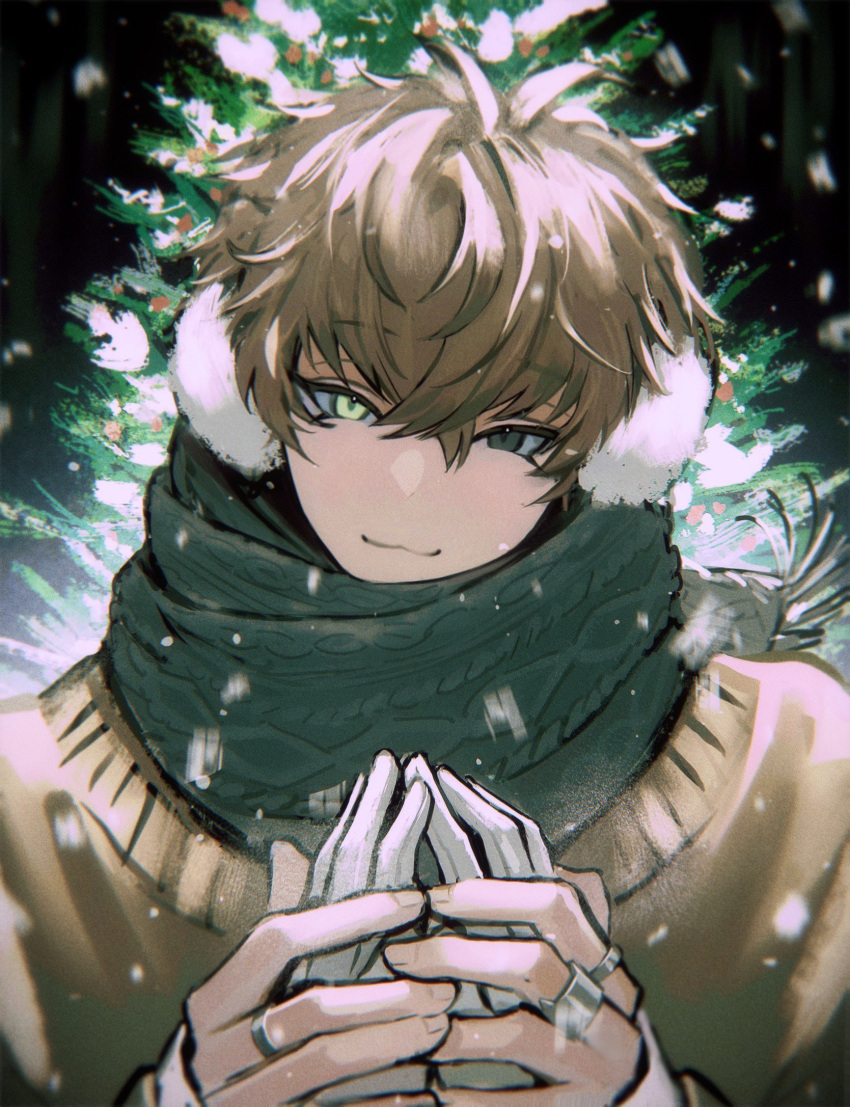 1boy 1other :3 alban_knox black_scarf blush brown_hair brown_sweater christmas_tree closed_mouth commentary crossed_bangs earmuffs english_commentary gloves green_eyes grey_eyes hair_between_eyes hands_up heterochromia highres holding_hands jewelry long_sleeves looking_at_viewer male_focus multiple_rings nijisanji nijisanji_en pearl_(pe4rrrrrl) pov pov_hands ring scarf short_hair smile snowing solo_focus sweater virtual_youtuber white_gloves