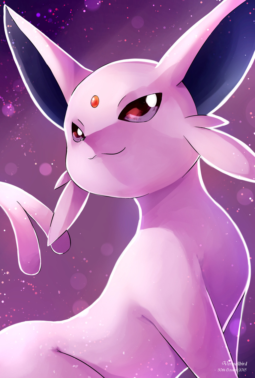 :3 absurdres creature dated espeon forehead_jewel highres light_particles no_humans pokemon pokemon_(creature) purple_background purple_eyes purple_fur smug split_tail vermeilbird