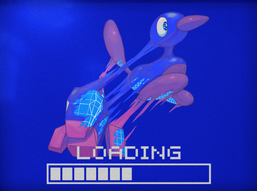 absurdres alternate_color blue_background blue_eyes code evolutionary_line from_side highres korean_commentary loading_screen no_humans pokemon pokemon_(creature) porygon porygon2 progress_bar raid_(donghyeok) shiny_pokemon simple_background wireframe