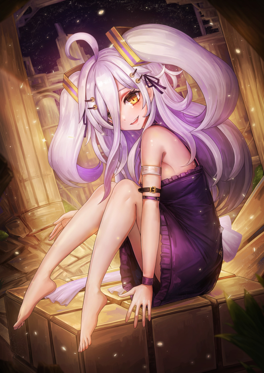 1girl absurdres ahoge alternate_breast_size armlet bare_shoulders barefoot breasts feet frilled_nightgown henya_the_genius highres knees_together_feet_apart knees_up legs light_purple_hair long_hair looking_at_viewer medium_breasts nightgown parted_lips purple_nightgown sideboob smile solo toes twintails virtual_youtuber vshojo yellow_eyes ziteng_yue