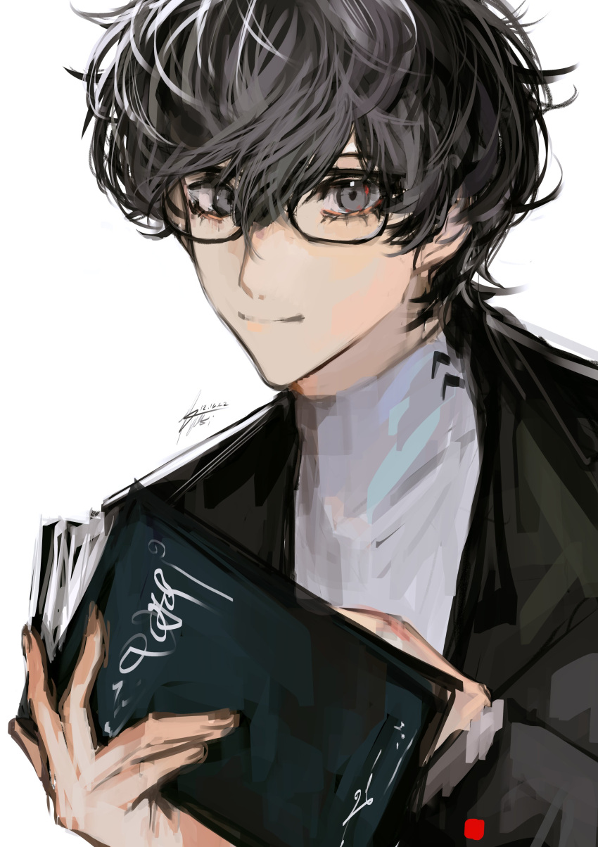 1boy absurdres amamiya_ren black_hair book glasses highres holding holding_notebook long_sleeves looking_at_viewer male_focus notebook opaque_glasses open_book persona persona_5 school_uniform shirt short_hair shuujin_academy_school_uniform simple_background smile solo white_background white_shirt yuki_flourish