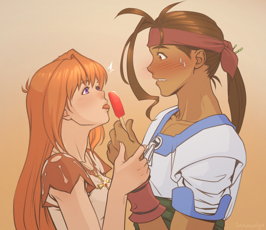 bandana blush brown_hair dark_skin elhaym_van_houten fei_fong_wong food hand_grab highres holding jewelry linnaealyn looking_at_another necklace ponytail popsicle purple_eyes red_hair sweat tongue tongue_out xenogears