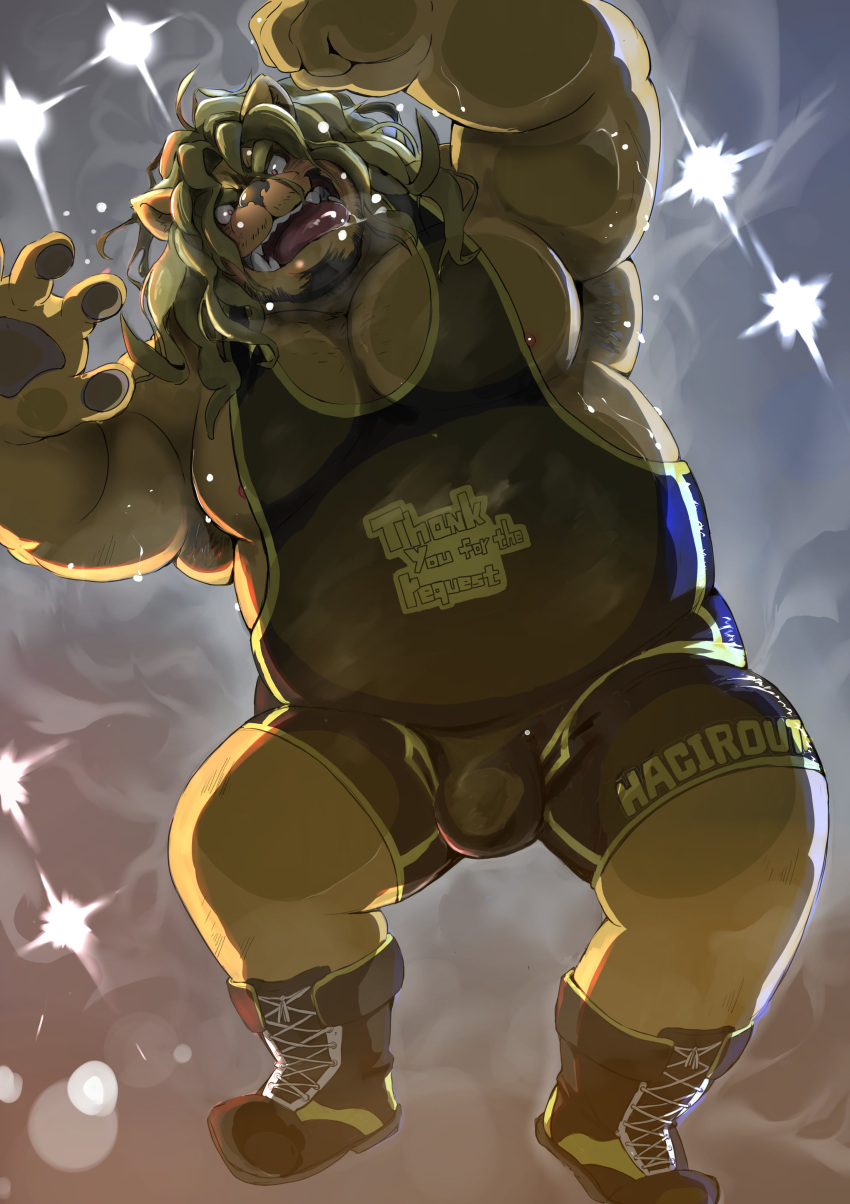 2023 absurd_res anthro belly biped bulge felid hachirouta hi_res humanoid_hands kemono lion male mammal musclegut overweight overweight_male pantherine solo wrestling_singlet