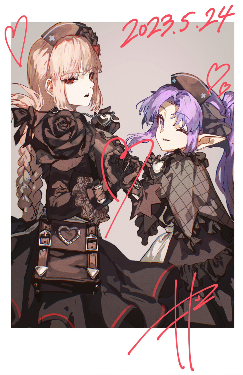 2girls black_dress black_gloves black_lips braid breasts dated dress fate/grand_order fate_(series) florence_nightingale_(fate) florence_nightingale_(manor_of_repose)_(fate) gloves hat heart heart_hands heart_hands_duo highres large_breasts long_hair makitoshi0316 medea_(lily)_(fate) medea_(lily)_(manor_of_repose)_(fate) multiple_girls nurse_cap pink_hair pointy_ears ponytail purple_eyes purple_hair red_eyes