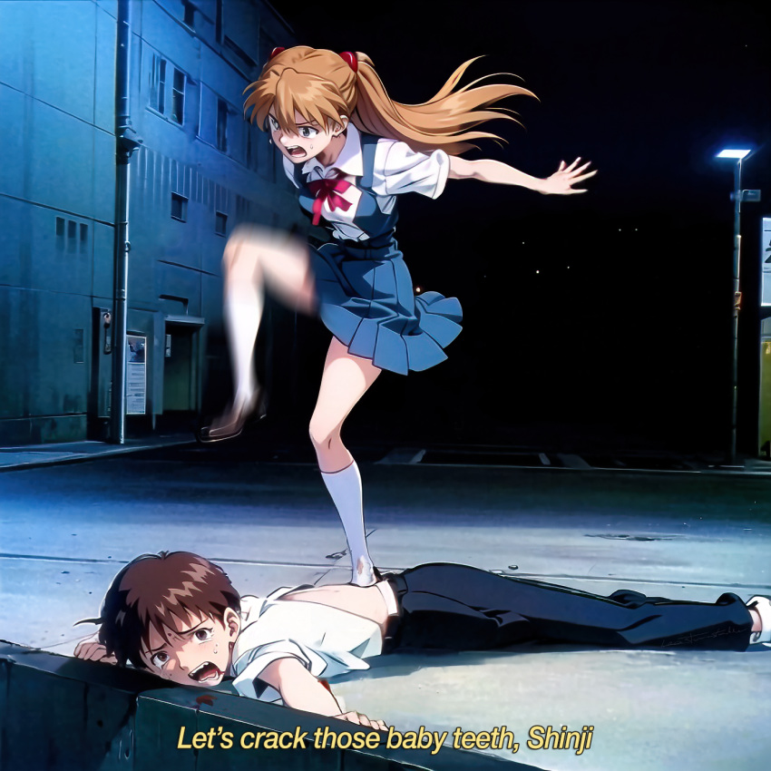 1boy 1girl abuse alley angry arm_up attack back_cutout blood blood_from_mouth blue_eyes blue_skirt brown_eyes brown_hair bullying city clothing_cutout crying crying_with_eyes_open evangelion:_1.0_you_are_(not)_alone evangelion:_2.0_you_can_(not)_advance evangelion:_3.0+1.0_thrice_upon_a_time evangelion:_3.0_you_can_(not)_redo femdom full_body hand_up highres ikari_shinji kneehighs leg_up legs lying lying_on_ground neon_genesis_evangelion night on_stomach orange_hair pants ponytail rebuild_of_evangelion red_hair red_ribbon ribbon ryona sadism school_uniform scratches shirt skirt socks souryuu_asuka_langley stain stomping sweatdrop tearing_clothes tearing_up tears torn_clothes tsundere violence white_shirt white_socks