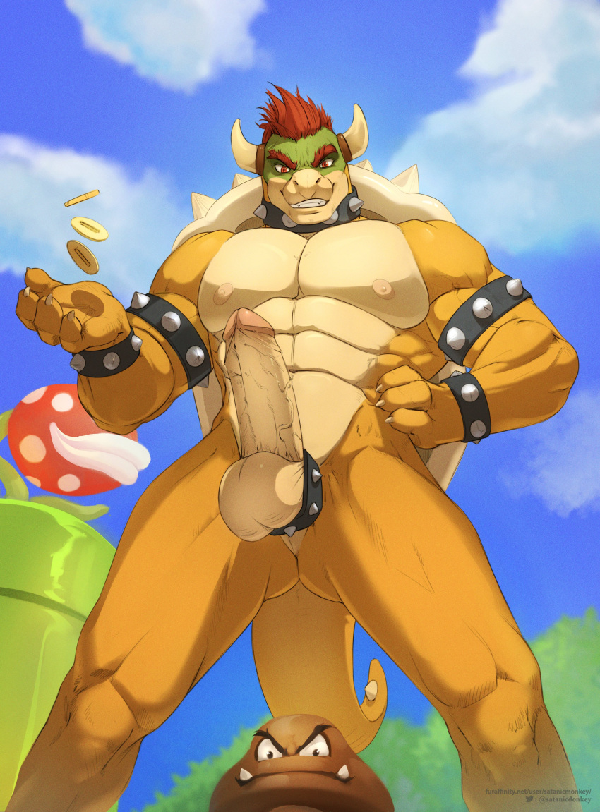 abs absurd_res accessory anthro armband balls bowser cock_ring coin collar elemental_creature erection flora_fauna genitals goomba grin hair hand_on_hip hi_res horn humanoid_genitalia humanoid_penis jewelry koopa looking_at_viewer male mario_bros muscular muscular_anthro muscular_male nintendo nude pecs penis penis_accessory penis_jewelry piranha_plant plant red_hair reptile satanic_monkey scales scalie smile solo spiked_armband spiked_cock_ring spiked_collar spikes warp_pipe yellow_body yellow_scales