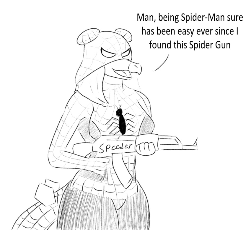 2023 anthro black_and_white bodysuit breasts clothing cosplay dialogue dinosaur english_text female fingers goodbye_volcano_high gun hair hi_res long_hair long_tail marvel monochrome open_mouth ornithischian ranged_weapon reptile scalie skinsuit smile snoot_game_(fan_game) solo spider-man_(character) spider-man_(series) spikes spikes_(anatomy) stegosaurian stegosaurus stella_(gvh) tail text thick_thighs thyreophoran tight_clothing unknown_artist weapon