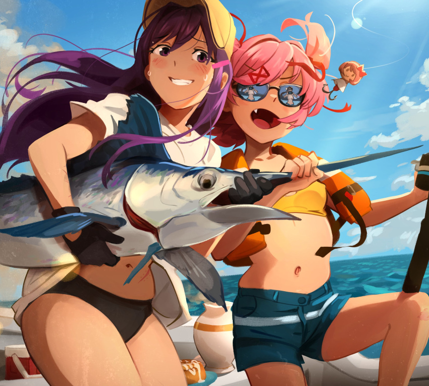 3girls absurdres animal baseball_cap bikini black-framed_eyewear black_bikini black_gloves blue_shorts blush boat bow breasts brown_hair cinnamon_roll clenched_teeth cloud cloudy_sky collarbone commentary cooler covered_nipples cowboy_shot day denim denim_shorts doki_doki_literature_club english_commentary fang fish fishing_rod floating_hair furrowed_brow gloves hair_bow hair_ornament hair_ribbon hand_up hands_up hat highres holding holding_animal holding_fish holding_fishing_rod khyle. life_vest linea_alba long_hair looking_at_viewer medium_hair monika_(doki_doki_literature_club) multiple_girls natsuki_(doki_doki_literature_club) navel ocean open_mouth orange_vest pink_hair purple_eyes purple_hair red_bow red_ribbon reflection ribbon scar scar_on_arm scar_on_leg scar_on_stomach shirt short_sleeves shorts sky small_breasts smile standing straight_hair sunglasses sweat swept_bangs swimsuit swordfish teeth topless twintails vase very_long_hair vest watercraft white_bow white_shirt x_hair_ornament yellow_headwear yuri_(doki_doki_literature_club)