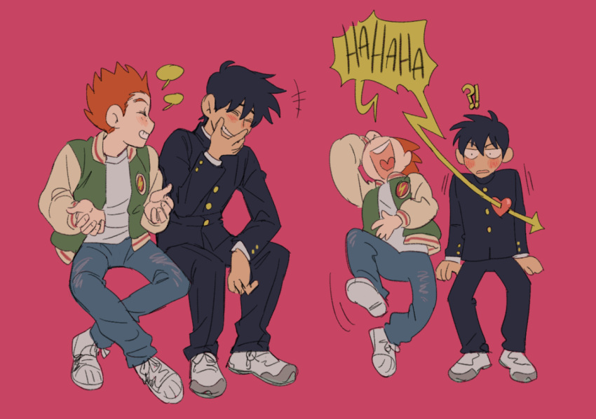 !? 2boys arrow_through_heart black_hair black_jacket black_pants blush closed_eyes commentary denim english_commentary freckles full_body gakuran green_jacket hand_on_own_face heart_on_chest jacket jeans kageyama_ritsu laughing letterman_jacket leunfer long_sleeves male_focus mob_psycho_100 multiple_boys open_clothes open_jacket open_mouth orange_hair pants pink_background school_uniform shirt shoes short_hair simple_background sitting smile sneakers suzuki_shou white_footwear white_shirt yaoi