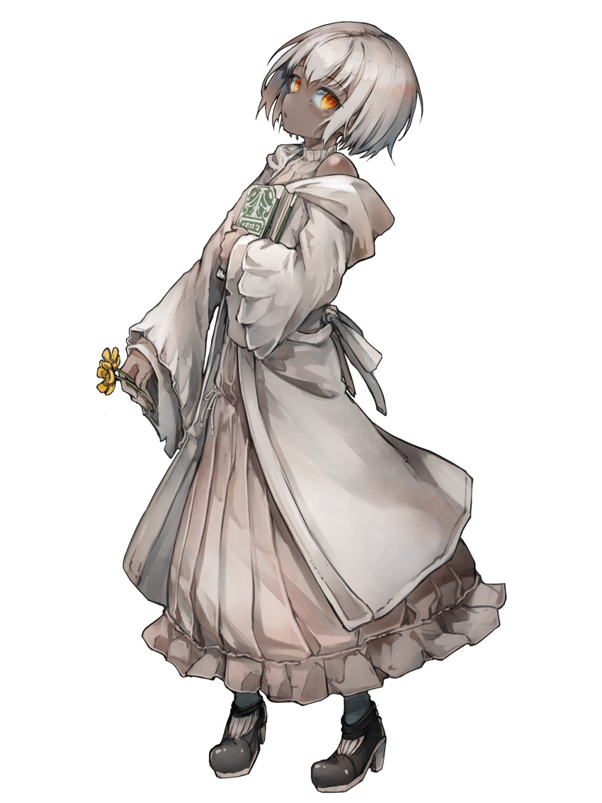 1girl book brown_skirt clara_lindvall dairoku_ryouhei dark-skinned_female dark_skin flower high_heels highres holding holding_book holding_flower kajaneko looking_at_viewer orange_eyes ribbed_shirt robe shirt shoes short_hair skirt solo white_hair white_robe