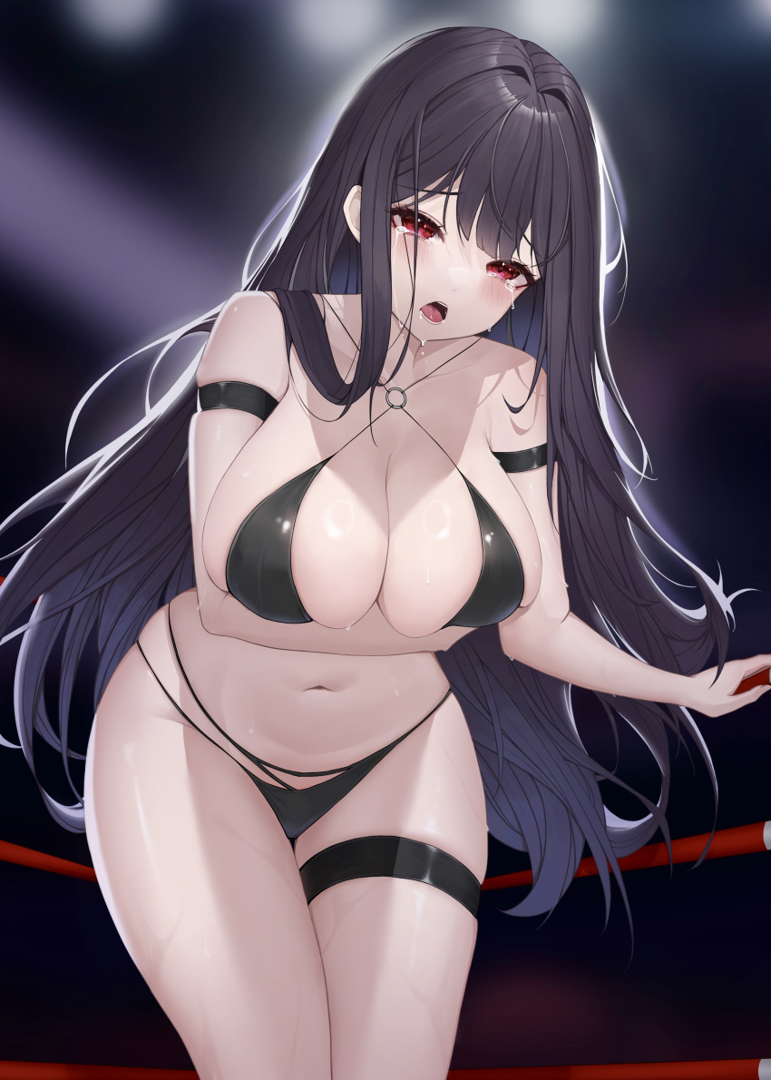 1girl absurdres arm_strap arm_under_breasts bare_shoulders bikini black_bikini black_hair blush breasts character_request cleavage collarbone commission copyright_request crying crying_with_eyes_open highres jupo large_breasts long_hair looking_at_viewer navel o-ring o-ring_bikini open_mouth red_eyes skindentation solo standing stomach string_bikini swimsuit tears thigh_strap