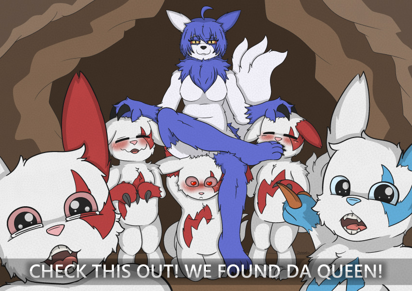 &lt;3 &lt;3_eyes absurd_res amy_the_mystgoose anthro blue_body blue_fur blue_sclera blush cave darknetic digital_drawing_(artwork) digital_media_(artwork) excited female feral fluffy fluffy_tail fur generation_3_pokemon group hi_res hybrid male male/female neck_tuft nintendo open_mouth pokemon pokemon_(species) red_body red_fur red_sclera shaded shiny_pokemon simple_background sitting sitting_on_head slightly_chubby smile smirk tail teeth text text_box tongue tuft white_body white_fur yellow_eyes zangoose