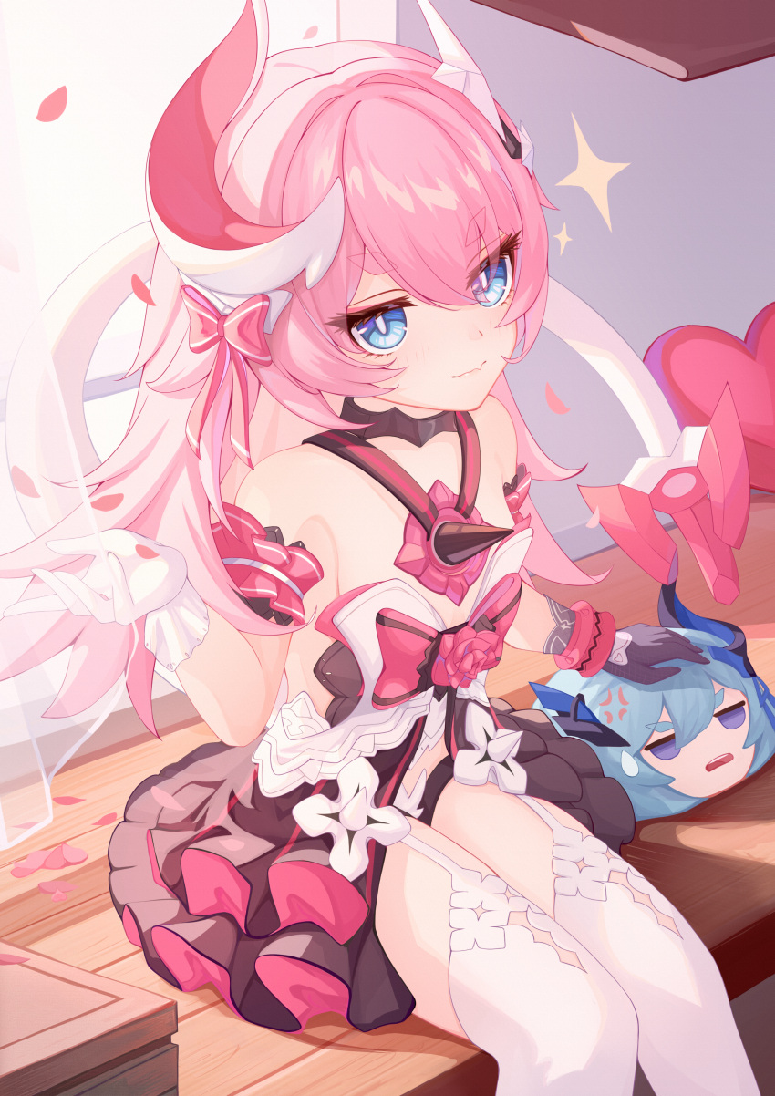 1girl absurdres bare_shoulders black_gloves blackheart` blue_eyes blue_hair chinese_commentary closed_mouth commentary commentary_request dress gloves hair_between_eyes highres honkai_(series) honkai_impact_3rd horns liliya_olenyeva long_hair looking_at_viewer open_clothes open_dress petals pink_hair rozaliya_olenyeva single_horn sitting smile solo tail thick_eyebrows thighhighs white_gloves white_thighhighs