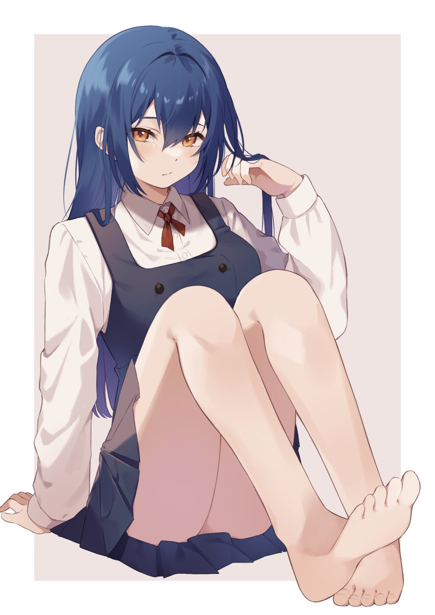 1girl bad_feet bare_legs barefoot blue_dress blue_hair border breasts brown_eyes buttons collared_shirt commission double-breasted dress eyelashes grey_background hair_between_eyes hand_up highres knees_up kohinata_kuon legs long_hair long_sleeves neck_ribbon nono_chitose original pleated_dress red_ribbon ribbon school_uniform second-party_source shirt short_dress simple_background small_breasts solo thighs toenails toes white_border