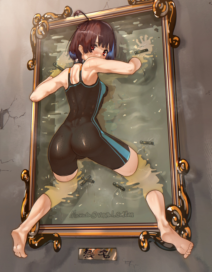 1girl ahoge ass bare_legs barefoot brown_eyes brown_hair from_behind full_body glory_wall highres koutetsujou_no_kabaneri looking_at_viewer looking_back mumei_(kabaneri) one-piece_swimsuit restrained short_hair solo stuck swimsuit through_wall vorpal_cotton