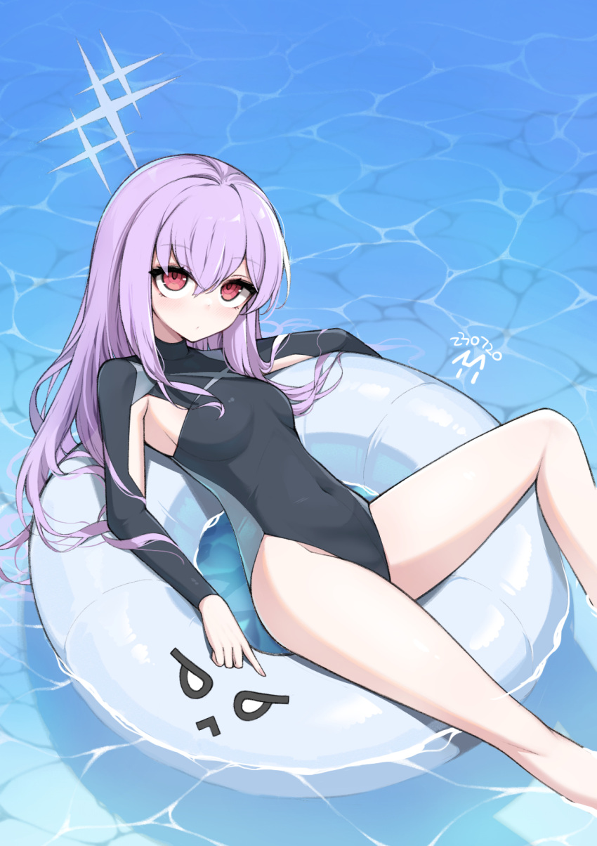 1girl armpit_cutout atsuko_(blue_archive) black_one-piece_swimsuit blue_archive blush breasts clothing_cutout covered_navel dated hair_between_eyes halo highres innertube long_hair long_sleeves looking_at_viewer medium_breasts one-piece_swimsuit purerin purple_hair red_eyes signature soaking_feet solo swimsuit water