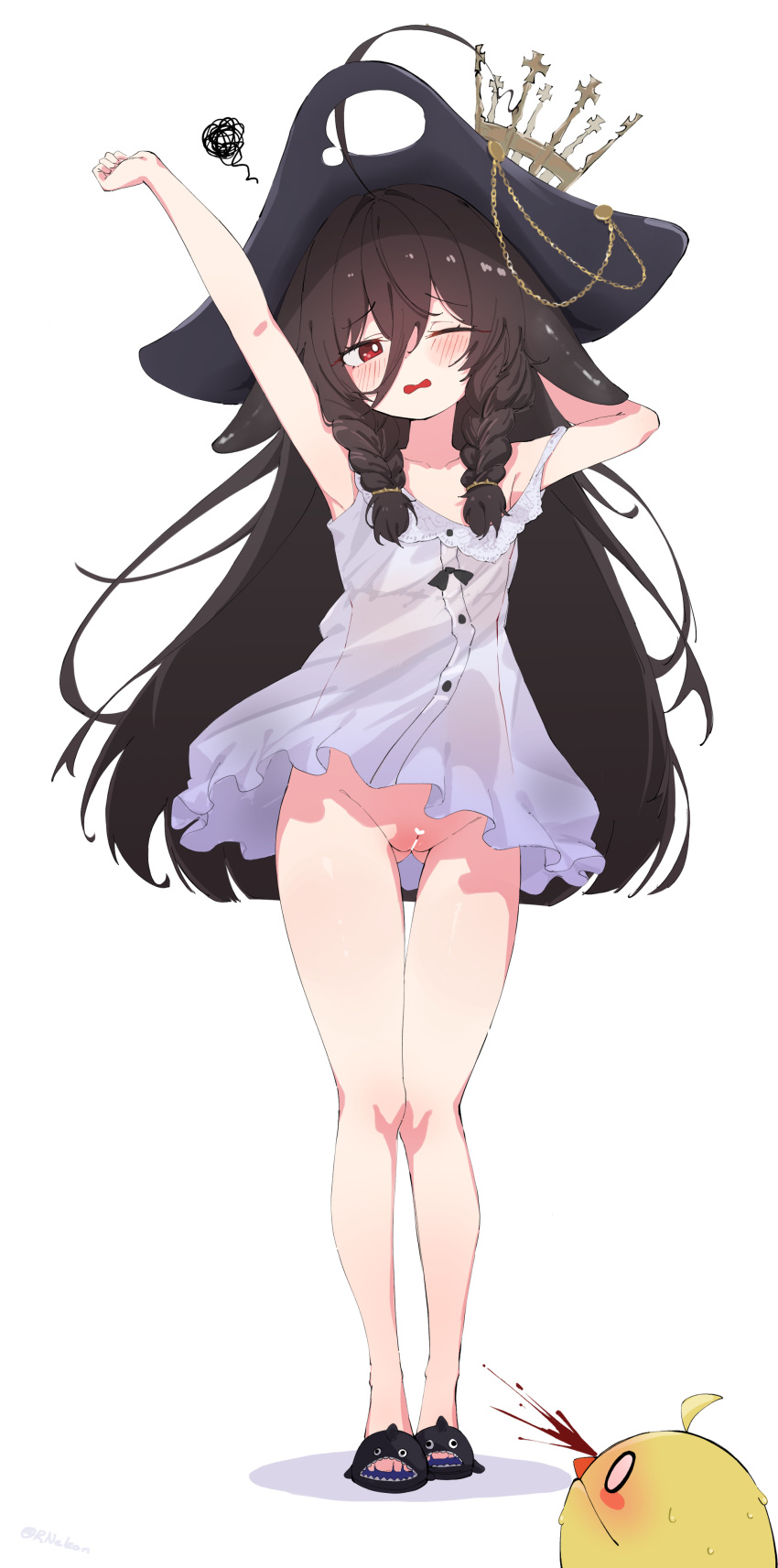 1girl absurdres ahoge arm_behind_head arm_over_head ass_visible_through_thighs azur_lane bare_arms bare_legs black_hair blush braid bright_pupils censored collarbone crown dress english_commentary feet full_body hair_between_eyes hat heart heart_censor highres huge_ahoge long_hair manjuu_(azur_lane) no_panties no_pants pirate_hat pussy red_eyes rnekon215 shark_slippers simple_background sleeveless sleeveless_dress slippers solo spoken_squiggle squiggle standing stretching tentacle_hair thigh_gap toes twin_braids twitter_username very_long_hair white_background white_dress white_pupils whydah_(azur_lane)