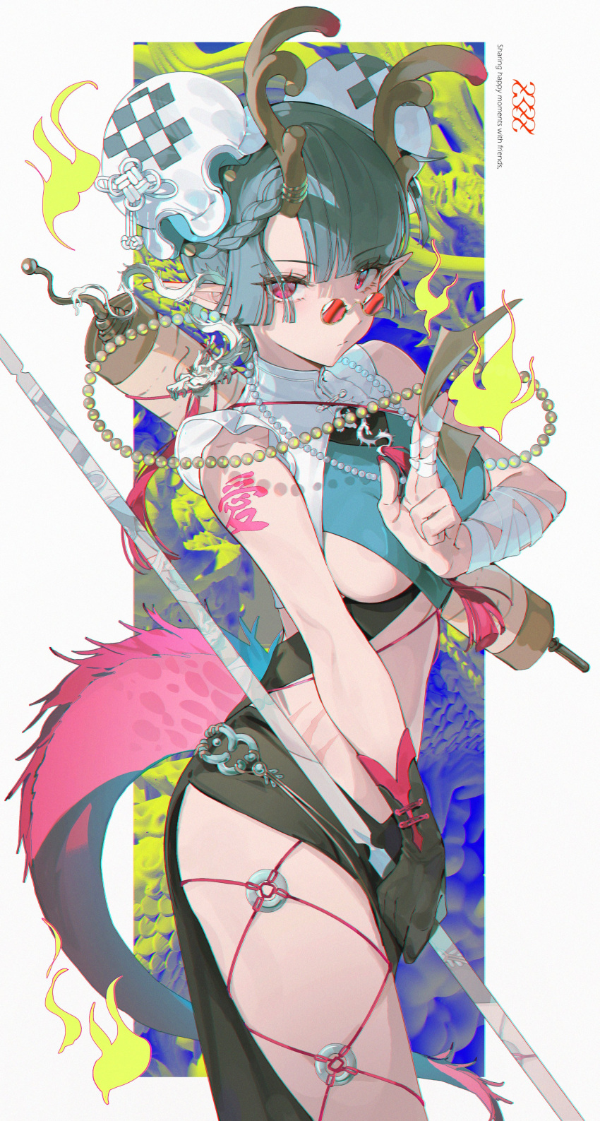 1girl absurdres antlers aqua_hair arm_tattoo bandaged_arm bandages bead_necklace beads black_gloves blunt_bangs braid breast_curtains breasts closed_mouth cowboy_shot from_side gloves hat highres jade_(gemstone) jewelry kanji_tattoo looking_at_viewer necklace original pink_hair pointy_ears red-tinted_eyewear round_eyewear side_braid single_glove solo tattoo tinted_eyewear underboob z3zz4