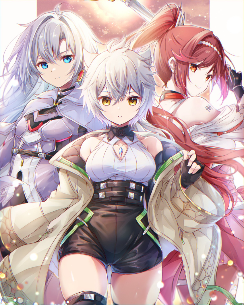 1other 2girls a_(xenoblade) androgynous animal_ears black_gloves black_shorts blue_eyes bodysuit breasts cape chest_jewel closed_mouth commentary_request core_crystal_(xenoblade) earrings expressionless fingerless_gloves glimmer_(xenoblade) gloves grey_bodysuit grey_cape grey_hair grey_jacket hair_between_eyes high-waist_shorts highres jacket japanese_clothes jewelry kimono long_hair looking_at_viewer medium_breasts multiple_girls na'el_(xenoblade) off_shoulder orange_eyes ponytail red_hair shirt short_hair shorts shoulder_tattoo single_earring smile tattoo thighs ui_frara very_long_hair white_kimono white_shirt xenoblade_chronicles_(series) xenoblade_chronicles_3 xenoblade_chronicles_3:_future_redeemed yellow_eyes