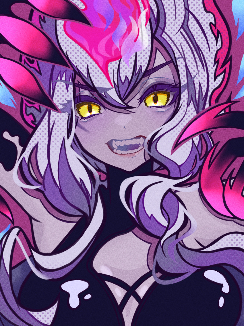 1girl absurdres arms_up breasts claw_(weapon) colored_skin demon evelynn_(league_of_legends) eyeshadow fangs grey_hair hair_between_eyes highres kawaguti_kappa large_breasts league_of_legends long_hair looking_at_viewer makeup open_mouth sidelocks smile solo teeth upper_body v-shaped_eyebrows weapon yellow_eyes