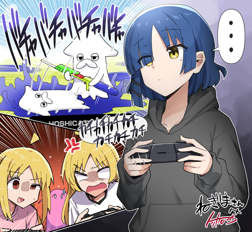 ... 4girls absurdres ahoge anger_vein angry animal black_hoodie blank_eyes blonde_hair blue_hair bocchi_the_rock! brown_eyes collarbone commentary_request commission controller crossover emphasis_lines expressionless game_controller gotou_hitori hair_over_one_eye highres hood hoodie ijichi_nijika ijichi_seika ink inkling long_hair long_sleeves mole mole_under_eye multiple_girls open_mouth pink_shirt playing_games shaded_face shirt short_hair sidelocks skeb_commission splatoon_(series) splattershot_(splatoon) spoken_ellipsis squid sweatdrop t-shirt toriyarou translation_request white_shirt yamada_ryou yellow_eyes