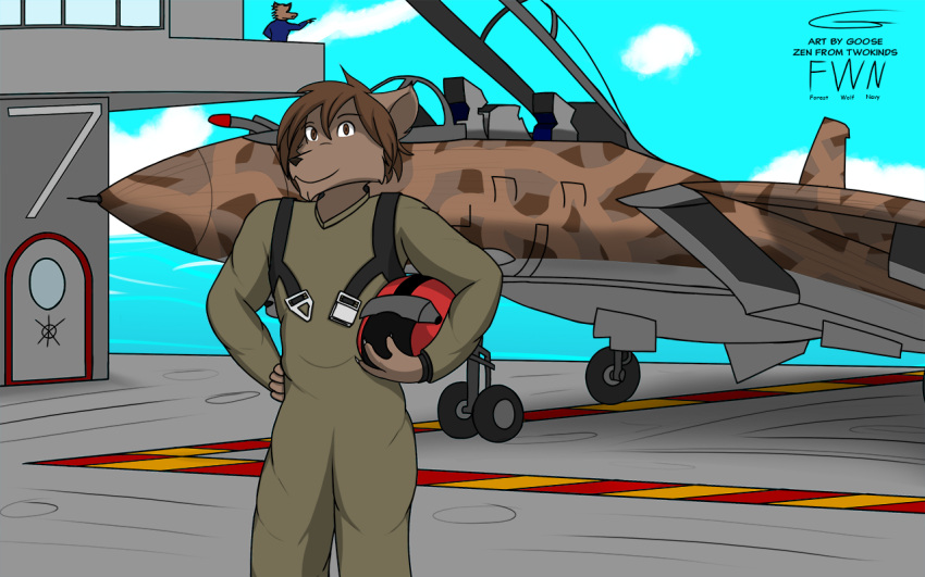 aircraft aircraft_carrier airplane anthro armor brown_body brown_eyes brown_fur brown_hair camo canid canine canis cheek_tuft clothed clothing duo f-14 facial_tuft flightsuit fur hair headgear helmet holding_armor holding_headgear holding_helmet holding_object jet keesthewolf male mammal navy outside ship smile solo_focus standing tuft twokinds vehicle warship watercraft webcomic webcomic_character wolf zen_(twokinds)