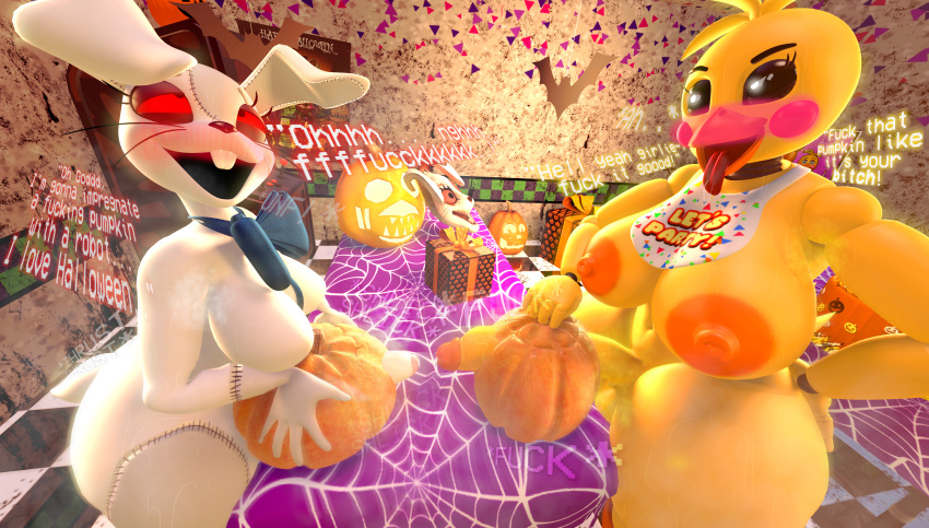 3d_(artwork) absurd_res animatronic anthro arcade_machine areola avian balls bat bib big_areola big_breasts big_penis bird black_sclera blush bodily_fluids breasts buckteeth butt checkered_floor chicken clothing costume cross-eyed dialogue digital_media_(artwork) duo encouragement eye_roll eyebrows five_nights_at_freddy's five_nights_at_freddy's:_security_breach five_nights_at_freddy's_2 food food_fetish food_penetration food_play fruit furniture galliform gallus_(genus) genitals gift gynomorph half-closed_eyes halloween halloween_2023 halloween_decoration hand_on_butt hi_res holding_object holidays humanoid improvised_sex_toy intersex intersex/intersex jack-o'-lantern lagomorph leporid lewdwithlogan looking_at_another looking_pleasured machine mammal mask moan musk musk_clouds musky_armpit musky_cock narrowed_eyes nude onomatopoeia open_mouth orange_areola penis phasianid plant profanity pumpkin pumpkin_masturbation rabbit rabbit_ears red_eyes red_sclera ribbons robot rosy_cheeks runaboo_chica scottgames shlick sound_effects source_filmmaker steel_wool_studios sweat sweaty_balls sweaty_breasts sweaty_butt sweaty_genitalia sweaty_legs sweaty_thighs table teeth text thick_thighs thrusting thrusting_sound_effect tongue tongue_out toy_chica_(fnaf) vanny_(fnaf) white_body white_eyes wide_hips yellow_body yellow_penis