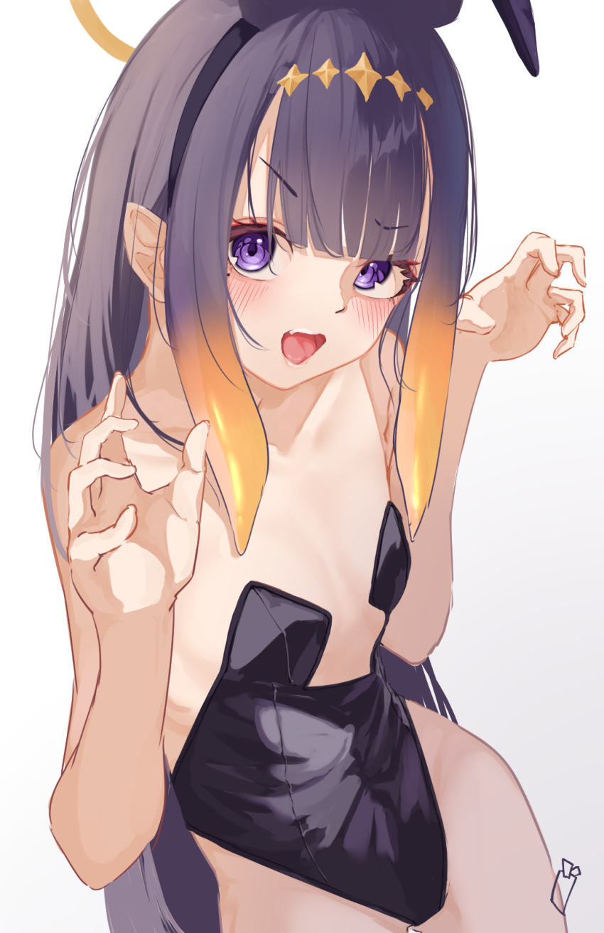1girl alternate_costume animal_ears bare_shoulders blunt_bangs blush breasts cleavage clothing_cutout collar collarbone commentary_request detached_collar fake_animal_ears fang fur-trimmed_collar fur_trim gloves gradient_hair halo highres hololive hololive_english long_hair looking_at_viewer mole mole_under_eye multicolored_hair ninomae_ina'nis orange_hair partial_commentary playboy_bunny pointy_ears purple_eyes purple_hair rabbit_ears sidelocks skin_fang small_breasts tachibana_shiori_(suica_112) tentacle_hair two-tone_hair virtual_youtuber