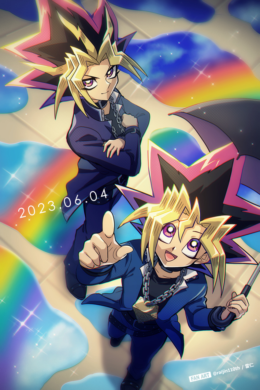 2boys artist_name black_choker black_hair blonde_hair chain choker commentary_request dated domino_high_school_uniform eye_of_horus from_above full_body gradient_eyes happy happy_birthday highres holding holding_umbrella looking_at_viewer looking_up male_focus millennium_puzzle multicolored_eyes multicolored_hair multiple_boys mutou_yuugi open_clothes pink_hair pointing pointing_up purple_eyes raijin-bh school_uniform smile spiked_hair twitter_username umbrella yami_yuugi yu-gi-oh!