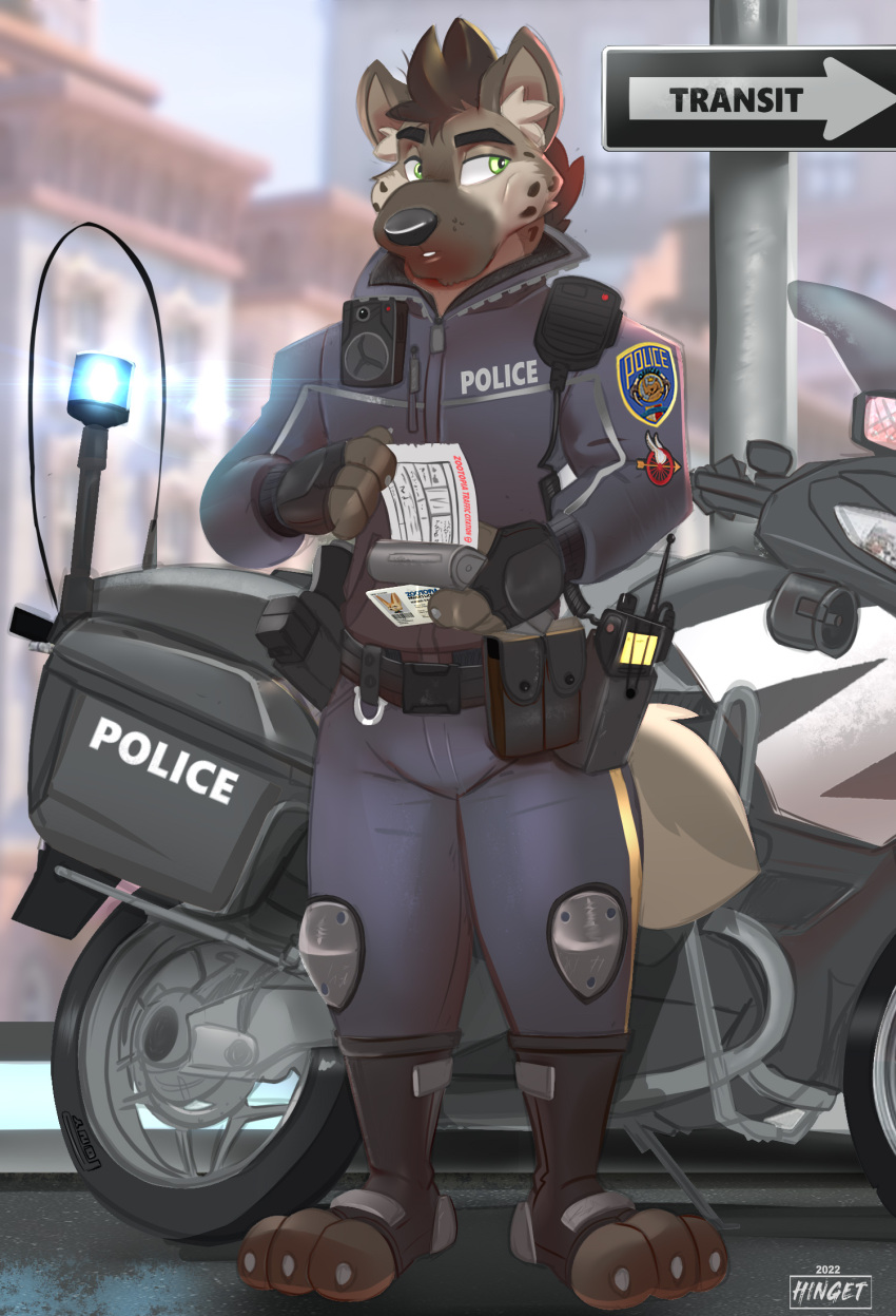 anthro clothing disney driver's_license finnick grizzlygus hi_res hinget hyena law_enforcement lou_waraabe_(grizzlygus) male mammal motorcycle police police_officer police_uniform police_vehicle solo spotted_hyena ticket uniform vehicle zootopia zpd