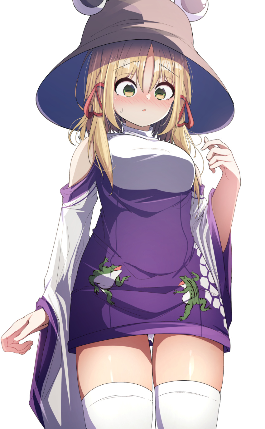 1girl absurdres animal_print bare_shoulders blonde_hair blush breasts brown_headwear darumoon dress frog_print hair_between_eyes hair_ribbon hand_up hat highres long_sleeves looking_down medium_breasts moriya_suwako off-shoulder_dress off_shoulder open_mouth panties pantyshot parted_bangs purple_dress pyonta ribbon short_hair simple_background solo standing sweat sweatdrop thighhighs touhou tress_ribbon turtleneck turtleneck_dress two-tone_dress underwear white_background white_dress white_panties white_thighhighs wide_sleeves yellow_eyes