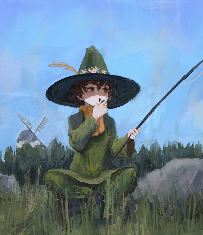 1boy absurdres elainma flower grass green_headwear green_pants green_shirt hat hat_flower highres landscape moomin pants scarf shirt sketch smoke smoking smoking_pipe snufkin solo squatting windmill yellow_scarf