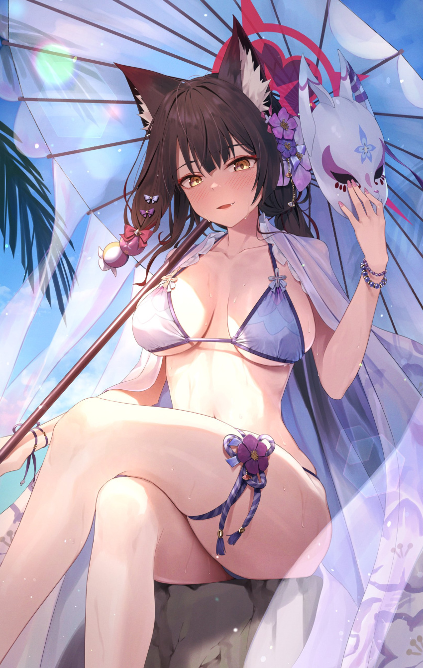 1girl absurdres animal_ears black_hair blue_archive blue_sky blush breasts crossed_legs day fox_mask greenkohgen hair_between_eyes hair_ornament halo highres holding holding_mask large_breasts long_hair looking_at_viewer mask official_alternate_costume open_mouth outdoors palm_leaf sitting sky solo swimsuit thigh_strap umbrella wakamo_(blue_archive) wakamo_(swimsuit)_(blue_archive) yellow_eyes