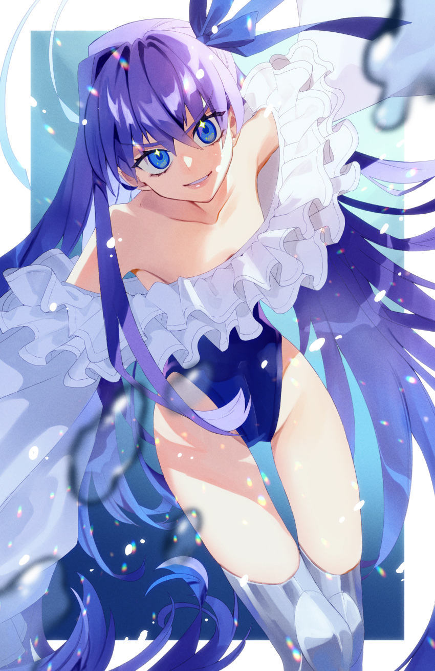 1girl absurdres armpits bare_shoulders blue_background blue_eyes blue_one-piece_swimsuit border breasts cleavage collarbone eyelashes fate/grand_order fate_(series) feet_out_of_frame frilled_one-piece_swimsuit frills highleg highleg_swimsuit highres kujiraoka leaning_forward light_particles long_hair looking_at_viewer meltryllis_(fate) meltryllis_(swimsuit_lancer)_(fate) one-piece_swimsuit parted_lips prosthesis prosthetic_leg purple_hair sleeves_past_wrists solo strapless strapless_swimsuit swimsuit very_long_hair white_border