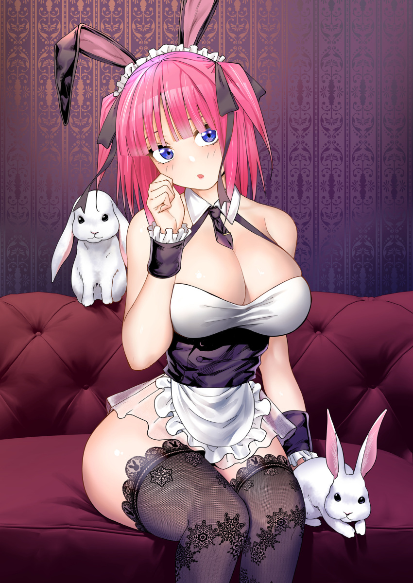 1girl :o animal animal_ears apron black_corset black_necktie black_ribbon black_thighhighs blue_eyes blunt_bangs blush breasts cleavage corset detached_collar fake_animal_ears frilled_apron frills go-toubun_no_hanayome hair_ribbon hand_up head_tilt highres kosmos_beta lace lace_legwear large_breasts looking_to_the_side maid_headdress nakano_nino necktie paid_reward_available parted_lips rabbit rabbit_ears ribbon short_necktie sitting solo thighhighs two_side_up waist_apron white_apron