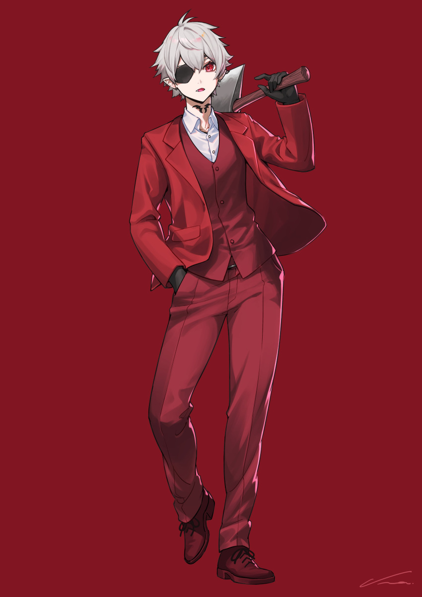 1boy absurdres ahoge axe black_gloves character_request collared_shirt dot_nose eyepatch full_body gloves grey_hair hand_in_pocket highres holding holding_axe holding_weapon invisible_floor jacket looking_at_viewer neck_tattoo nemoto_yuuma nijisanji open_clothes open_jacket open_mouth pants red_background red_eyes red_footwear red_jacket red_pants red_vest shirt shoes short_hair simple_background solo standing tattoo vest walking weapon