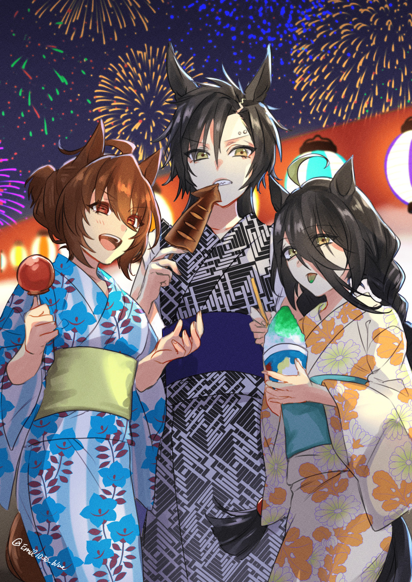 3girls absurdres agnes_tachyon_(umamusume) ahoge air_shakur_(umamusume) animal_ears biting black_hair black_kimono blonde_hair blue_kimono blurry blurry_background braid brown_hair candy_apple chrysanthemum_print emil1030_blue eyebrow_piercing fireworks floral_print food hair_between_eyes hair_bun highres holding holding_food holding_spoon horse_ears horse_girl horse_tail ikayaki japanese_clothes kimono lantern long_hair looking_at_viewer manhattan_cafe_(umamusume) multiple_girls night obi orange_eyes outdoors paper_lantern parted_bangs piercing sash sharp_teeth shaved_ice short_hair skewer spoon standing tail teeth tongue tongue_out twitter_username umamusume yellow_kimono yukata