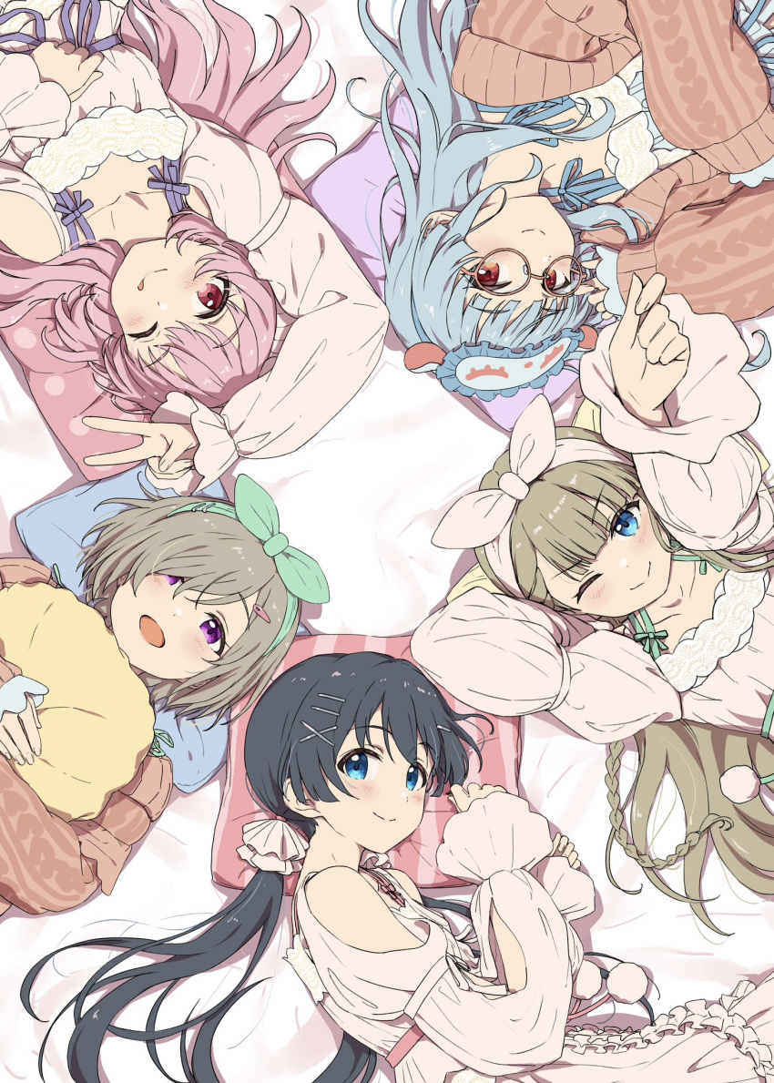 5girls akazaki_kokoro aran_sweater arm_behind_head arm_up ayano_yuu_(sonma_1426) black_hair blonde_hair blue_eyes blue_hair blush bow cable_knit closed_mouth clothing_cutout collarbone dot_nose eyewear_on_head from_above glasses green_bow green_hairband grey_hair hair_bow hair_ornament hairband hairclip highres hyodou_shizuku idoly_pride long_bangs long_hair long_sleeves looking_at_viewer low_twintails lying multiple_girls narumiya_suzu object_hug okuyama_sumire on_back on_bed on_side one_eye_closed outstretched_arm parted_bangs pillow pillow_hug pink_eyes pink_hair pink_shirt puffy_long_sleeves puffy_sleeves purple_eyes raised_eyebrows red_eyes red_sweater round_eyewear shiraishi_chisa shirt short_hair shoulder_cutout sidelocks sleep_mask sleeves_past_wrists smile sweater twintails v v-shaped_eyebrows x_hair_ornament