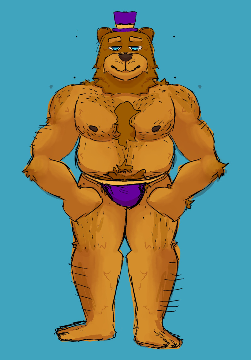 animatronic anthro bear blue_eyes body_hair chest_hair chest_tuft clothing cybernetics cyborg facial_hair five_nights_at_freddy's five_nights_at_freddy's_4 fredbear_(fnaf) freddy_(fnaf) funkybirddude_(artist) hat headgear headwear hi_res humanoid jockstrap leg_hair machine male male/male mammal musclegut muscular mustache nipples overweight overweight_male porn_stash pubes robot scottgames slightly_chubby solo springlock_suit top_hat tuft underwear ursine