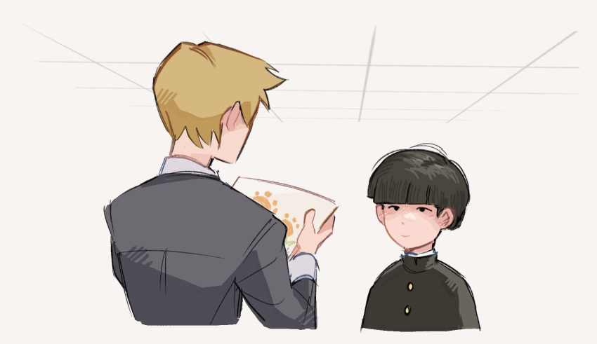 2boys black_eyes black_hair blonde_hair blunt_bangs bowl_cut closed_mouth commentary cropped_torso drawing english_commentary gakuran grey_background grey_jacket highres holding jacket kageyama_shigeo long_sleeves looking_at_another male_focus mob_psycho_100 mp100days multiple_boys reigen_arataka school_uniform short_hair simple_background smile upper_body