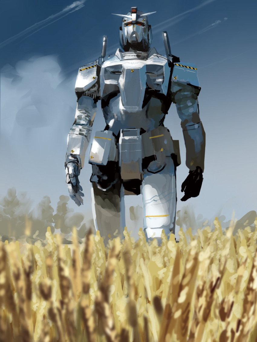 arms_at_sides blue_sky cloud cloudy_sky contrail day gundam gundam_msv highres looking_at_viewer mobile_suit mobile_suit_gundam no_humans outdoors prototype_gundam red_eyes rintaro_komori robot science_fiction sky solo v-fin walking wheat_field