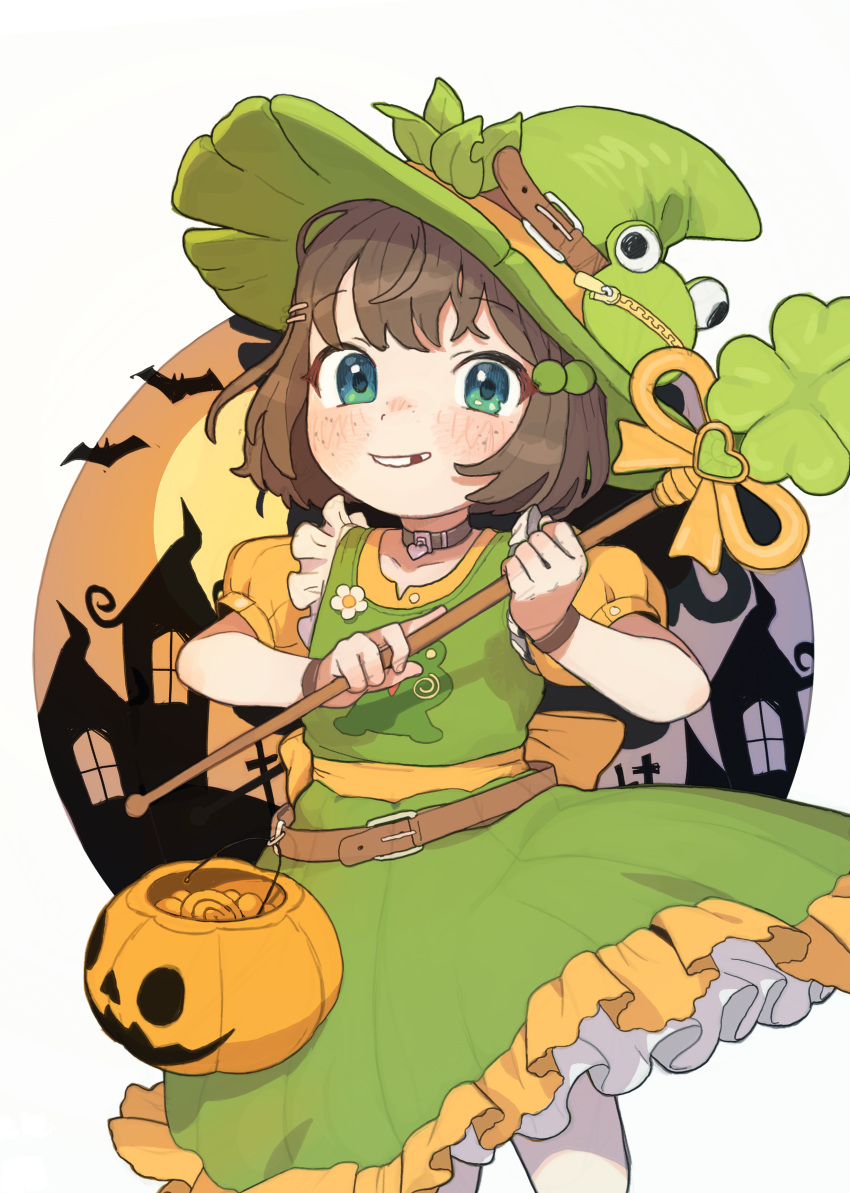 1girl absurdres animal_print blush brown_choker brown_hair choker collarbone cowboy_shot dress flat_chest freckles frilled_dress frills frog_print green_dress green_eyes green_headwear halloween_bucket hat heart heart_choker highres holding holding_staff indie_virtual_youtuber jack-o'-lantern lily_hopkins looking_at_viewer missing_tooth opossumachine orange_sleeves puffy_short_sleeves puffy_sleeves short_hair short_sleeves solo staff teeth virtual_youtuber witch_hat