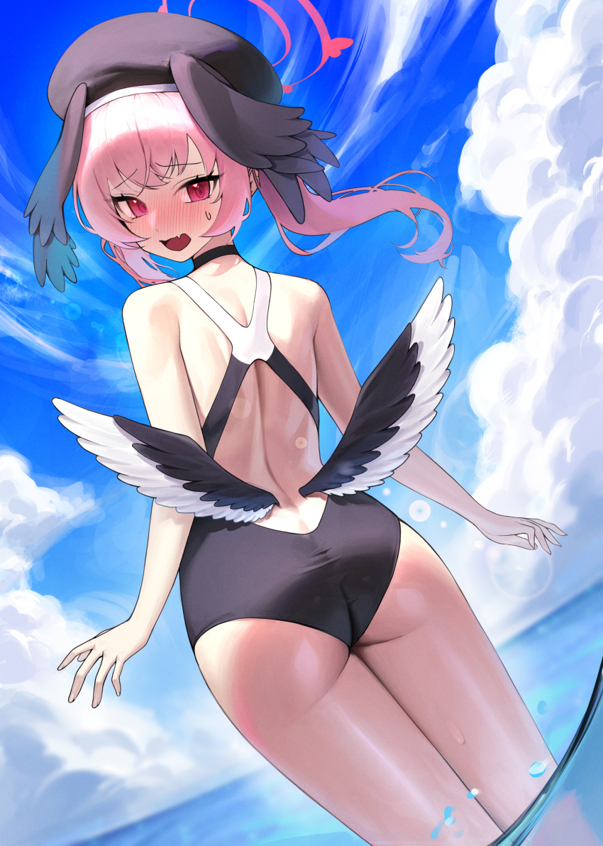 1girl absurdres alternate_costume ass back bare_shoulders beret black_headwear black_wings blue_archive blush breasts cloud collarbone commentary competition_swimsuit cowboy_shot day feathered_wings from_behind halo hat head_wings highres koharu_(blue_archive) looking_at_viewer looking_back low_wings ocean one-piece_swimsuit open_mouth outdoors pink_eyes pink_hair pink_halo red_halo sbgu solo standing swimsuit twintails wading water wings