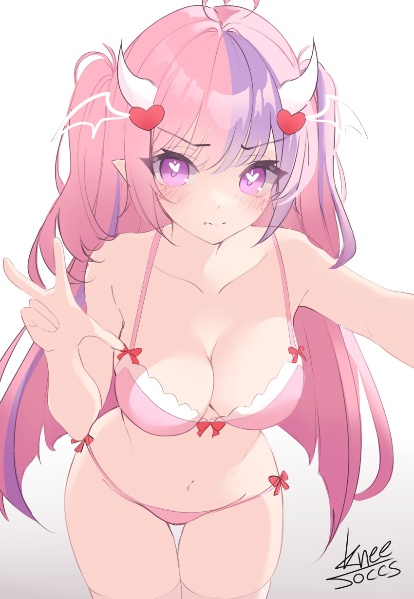 1girl absurdres artist_name blush bow bra breasts collarbone cowboy_shot demon_girl demon_horns fang hair_ornament heart heart_hair_ornament heart_in_eye highres horns ironmouse kneesoccs large_breasts long_hair looking_at_viewer multicolored_hair navel outstretched_arm panties pink_bra pink_hair pink_panties pink_thighhighs pointy_ears purple_hair red_bow selfie skin_fang solo streaked_hair swept_bangs symbol_in_eye thigh_gap thighhighs two_side_up underwear underwear_only very_long_hair virtual_youtuber vshojo w