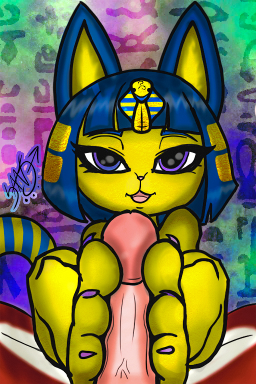 animal_crossing ankha_(animal_crossing) anthro antlers blue_hair colored_nails colored_toenails duo egyptian felid female foot_fetish foot_play footjob fur genitals hair hi_res hieroglyphics horn humanoid_genitalia jackalope lagomorph male male/female mammal nails nintendo paws penis red_body red_fur sans_alembic_(character) sansalembic_(artist) sex toenails yellow_body yellow_fur