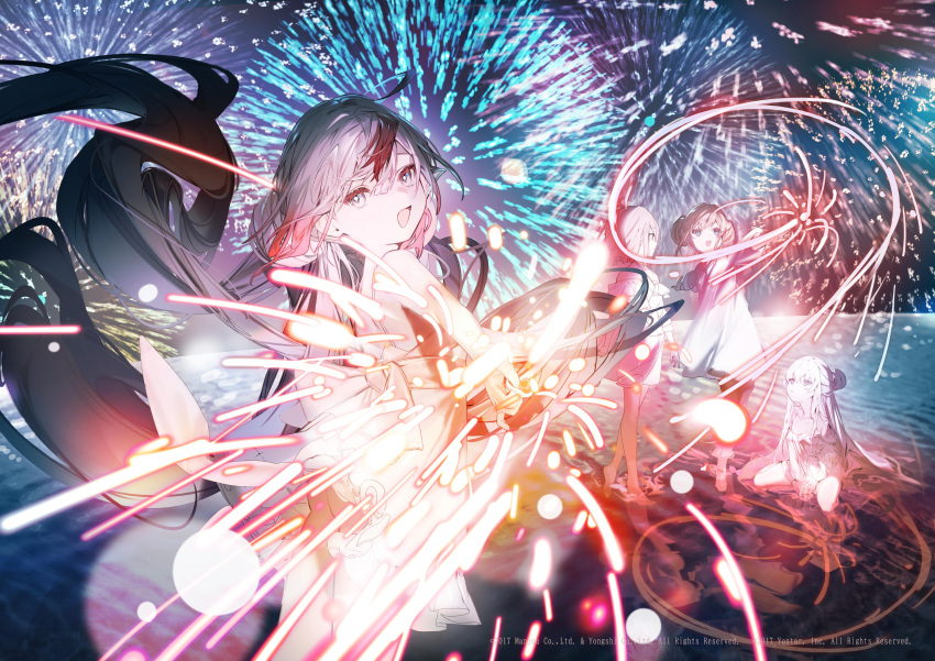 4girls absurdres aerial_fireworks azur_lane bare_shoulders barefoot bob_cut double_bun fireworks floating_hair hair_bun highres holding_fireworks l'indomptable_(azur_lane) le_malin_(azur_lane) le_terrible_(azur_lane) le_triomphant_(azur_lane) long_hair looking_at_another looking_at_viewer multicolored_hair multiple_girls nishikikope official_art open_mouth red_hair reflection short_hair sitting smile standing streaked_hair very_long_hair water white_hair