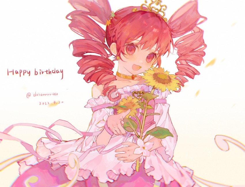 1girl absurdres crown dated dorannnn drill_hair english_text fine_(futagohime) flower fushigiboshi_no_futago_hime happy_birthday highres holding holding_flower long_hair looking_at_viewer open_mouth pink_eyes pink_hair smile solo sunflower