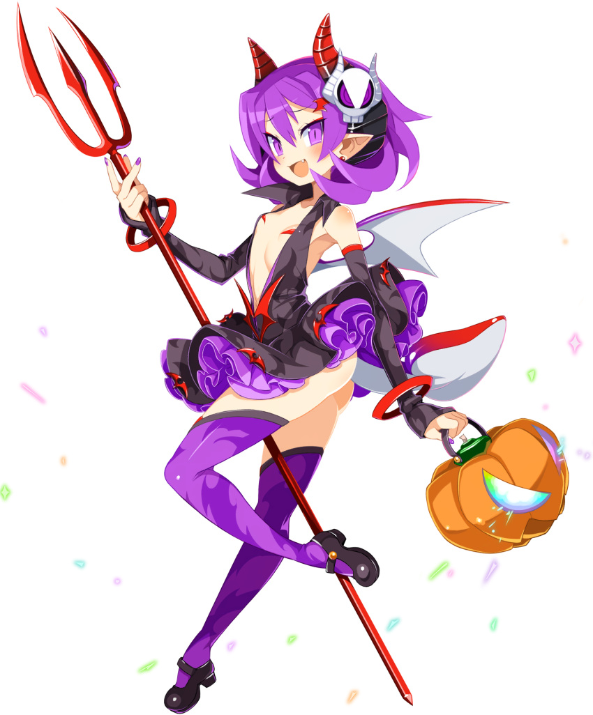 1girl animal_print ass bat_print black_footwear bracelet center_opening demon_girl demon_horns demon_tail demon_wings detached_sleeves disgaea disgaea_rpg earrings fang flat_chest flipped_hair full_body hair_ornament highres holding_trident horns jack-o'-lantern jewelry mary_janes medium_hair non-web_source official_art open_mouth petticoat photoshop_(medium) pointy_ears purple_eyes purple_hair purple_thighhighs raspberyl shoes skull_hair_ornament slit_pupils solo stud_earrings tail thighhighs transparent_background wings