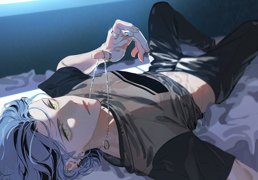 1boy 6uoou bed black_hair black_pants black_shirt commentary ear_piercing earrings english_commentary green_eyes grey_hair grey_shirt hand_up hex_haywire highres jewelry looking_at_viewer lying male_focus multicolored_clothes multicolored_hair necklace necklace_pull nijisanji nijisanji_en on_back on_bed open_mouth pants piercing ring ring_necklace shirt short_hair short_sleeves solo streaked_hair t-shirt two-tone_shirt virtual_youtuber